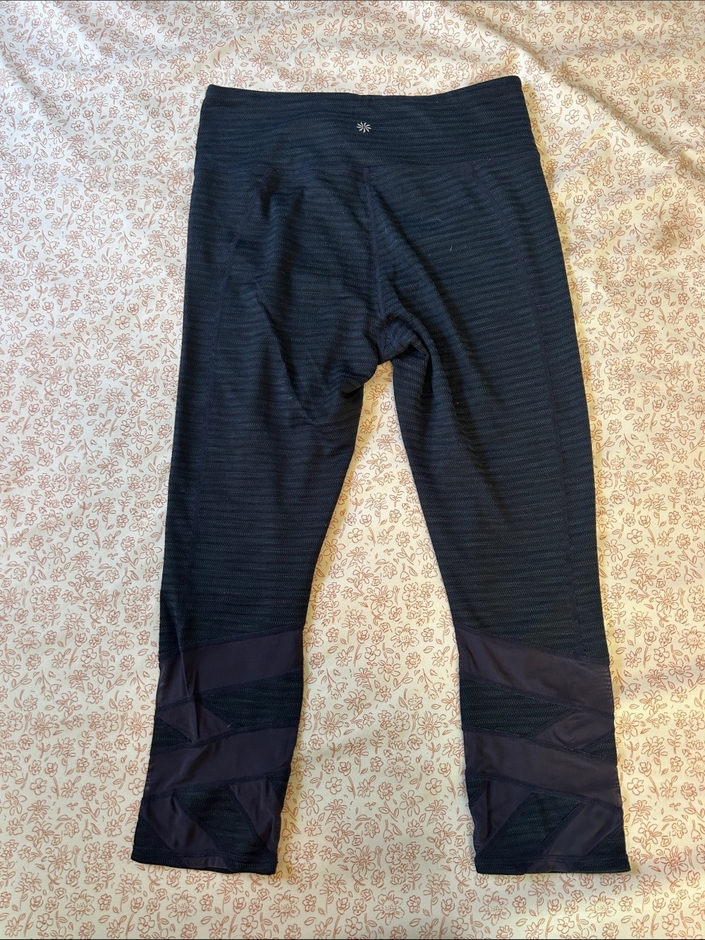 Athleta Navy Capri Leggings with Purple Mesh Insets
